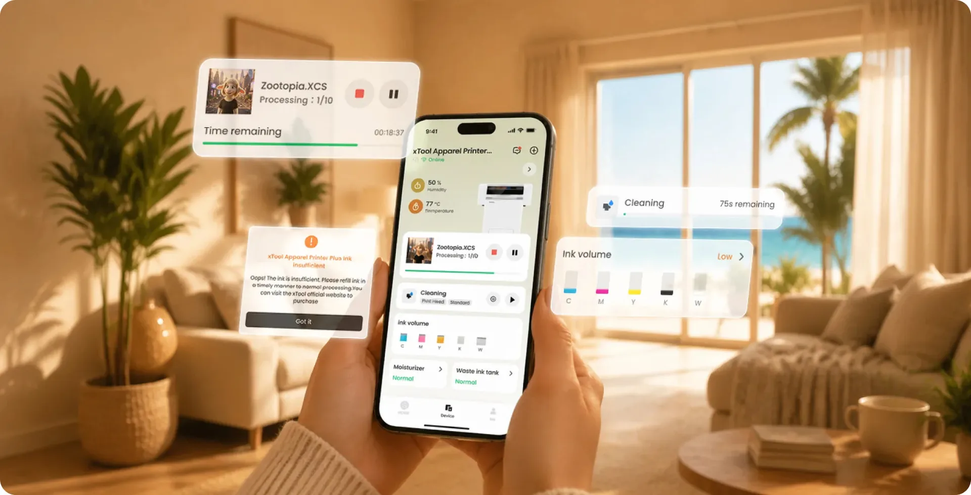 Pessoa acompanhando a impressão pelo app no celular