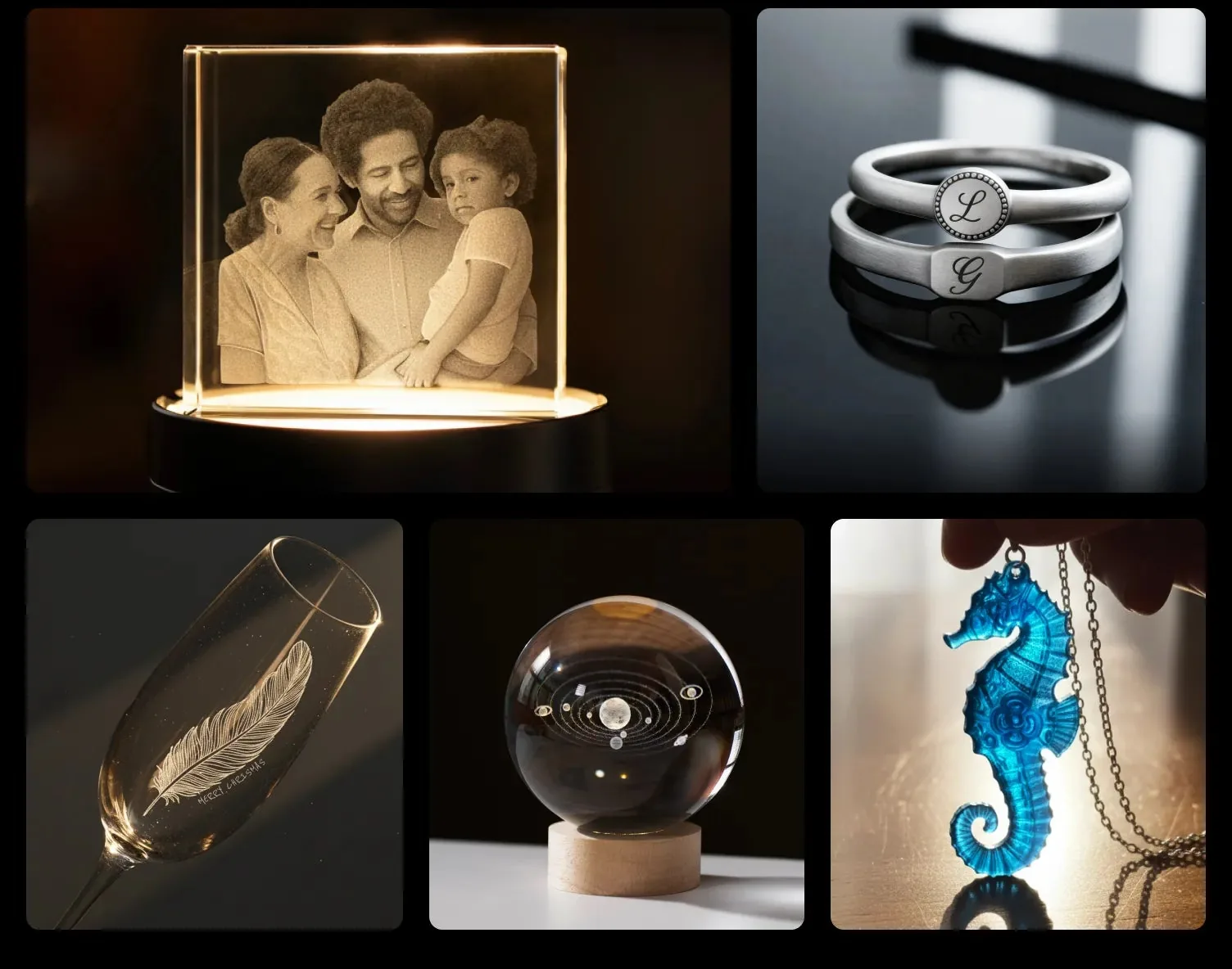 Cristal com foto 3D, anéis, taça, esfera de cristal e pingente gravados