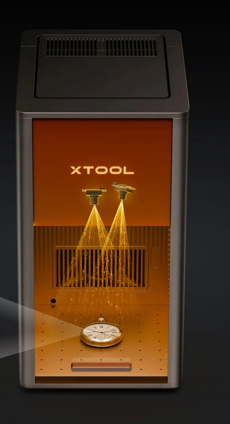 xTool F2 Ultra UV com as câmeras iluminando a área de trabalho