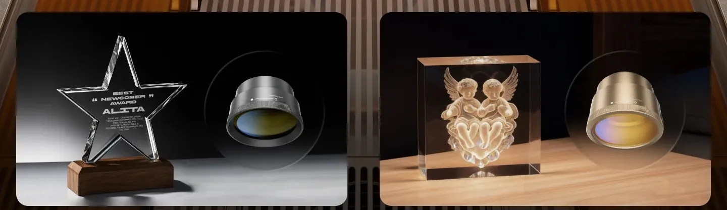 Troféu gravado na superfície e cristal com gravação interna, cada um com sua lente