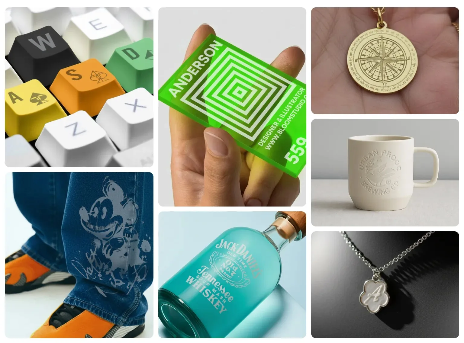 Teclas, acrílico, medalha, caneca, tecido, garrafa e pingente gravados