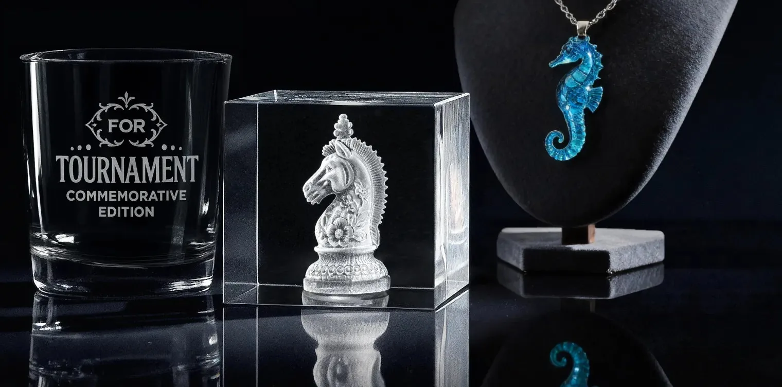 Copo, cristal com cavalo de xadrez e colar gravados a laser