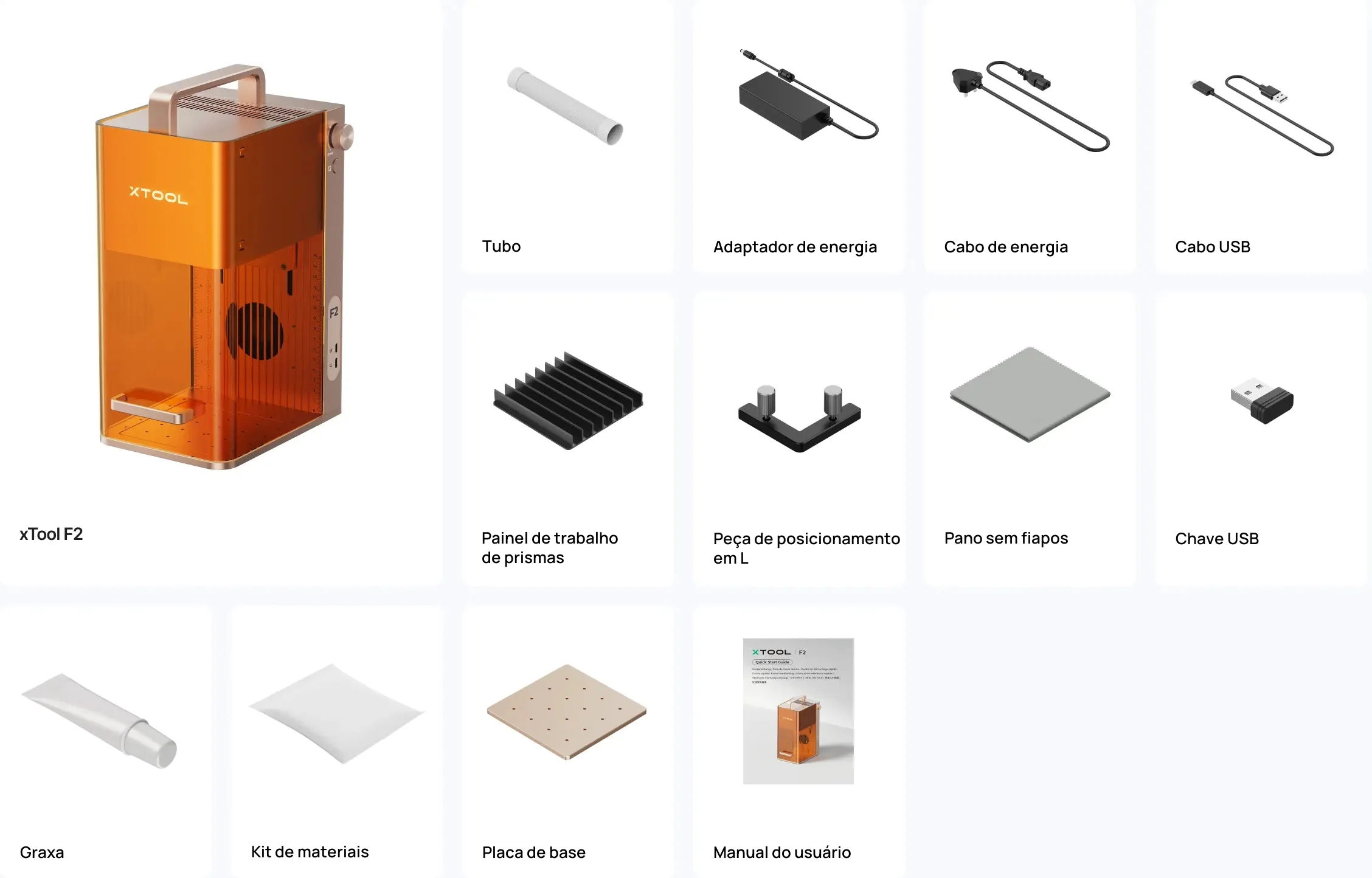 Itens da caixa: xTool F2, tubo, adaptador e cabo de energia, cabo USB, painel de trabalho de prismas, peça de posicionamento em L, pano sem fiapos, chave USB, graxa, kit de materiais, placa de base e manual do usuário