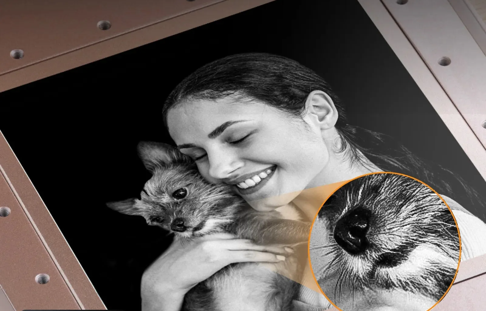 Foto de uma mulher abraçando um cachorro gravada em alta definição