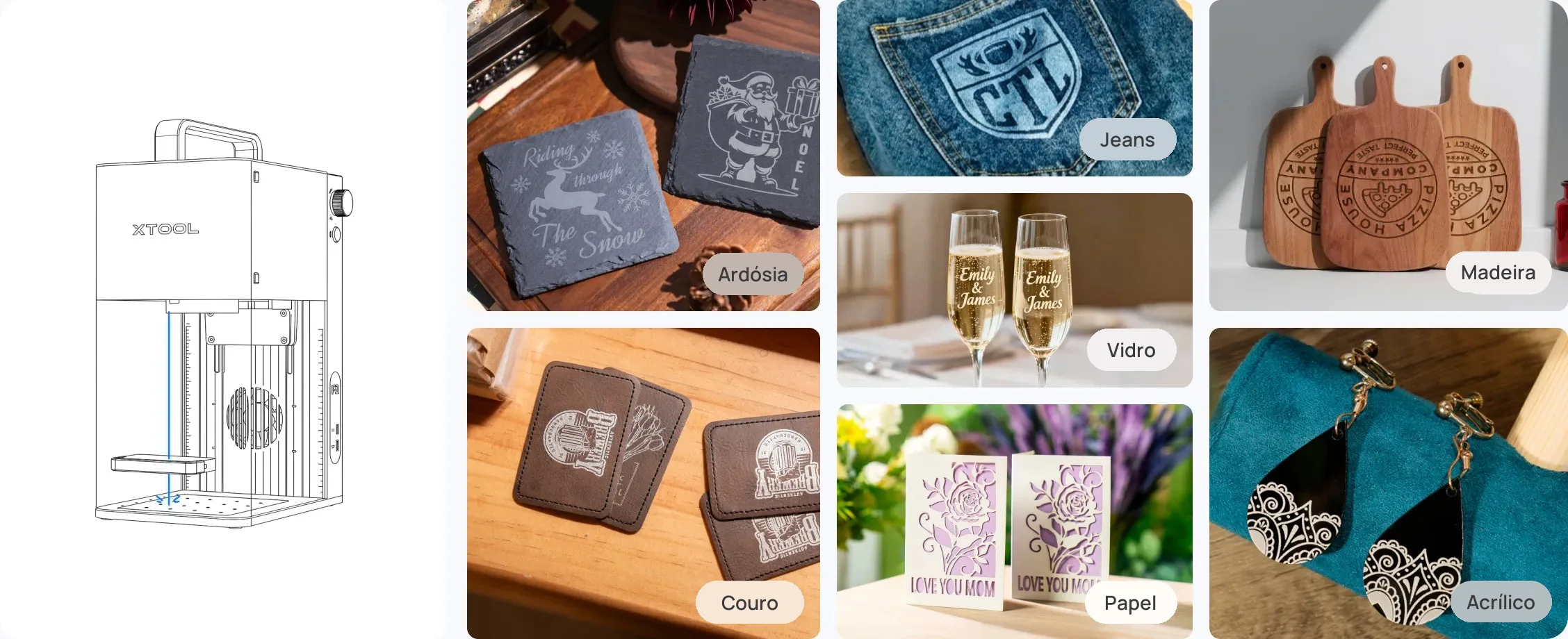 Peças gravadas em ardósia, jeans, madeira, vidro, couro, papel e acrílico
