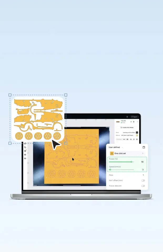Tela do software com projeto posicionado sobre o material