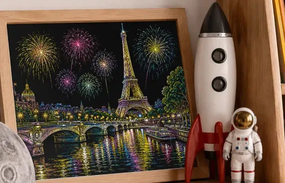 Quadro gravado com a Torre Eiffel e fogos coloridos