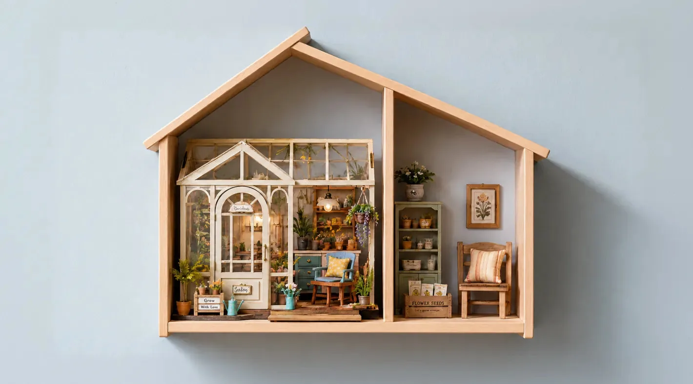 Casa em miniatura montada com peças de madeira cortadas a laser