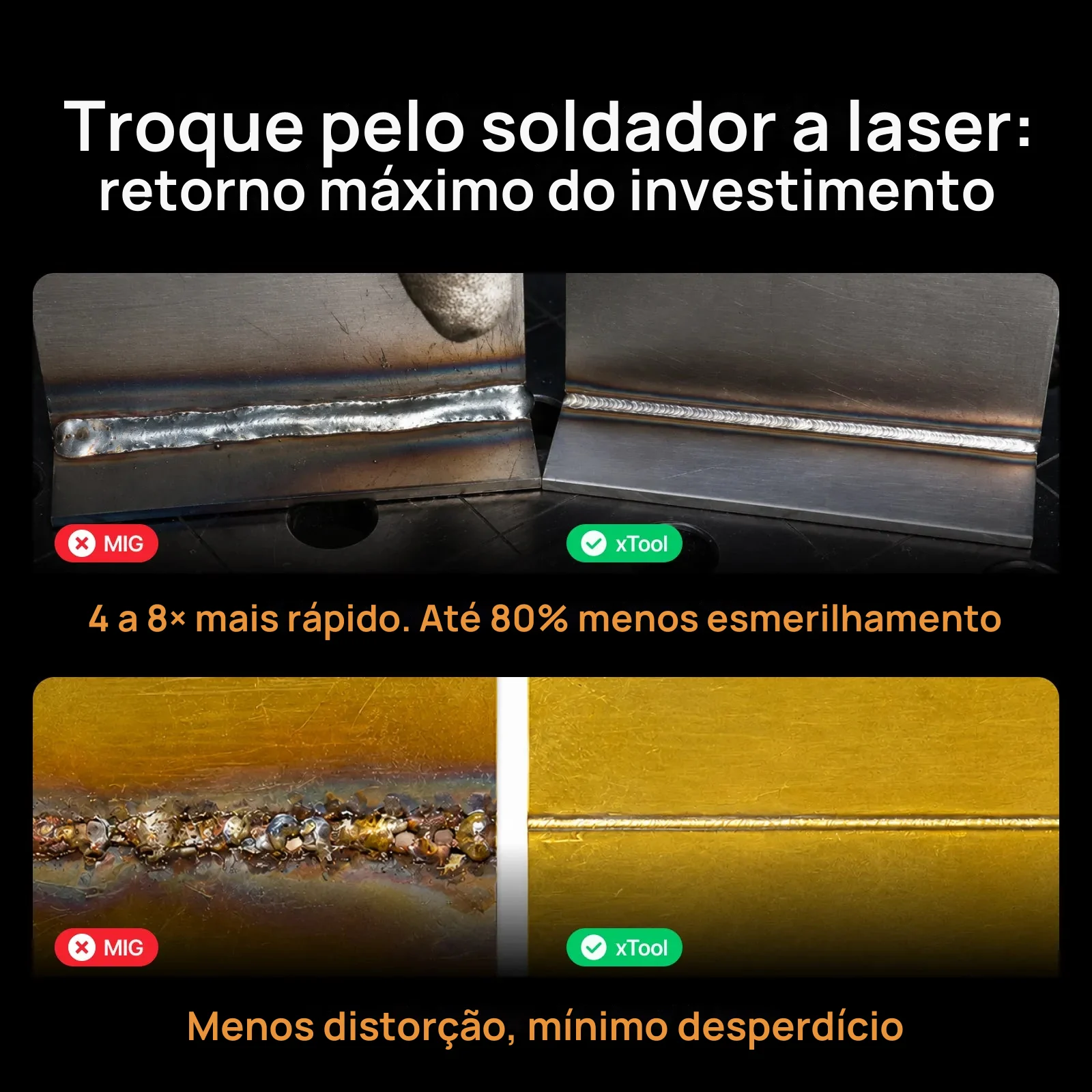 Comparação de cordões: MIG irregular à esquerda e xTool liso à direita