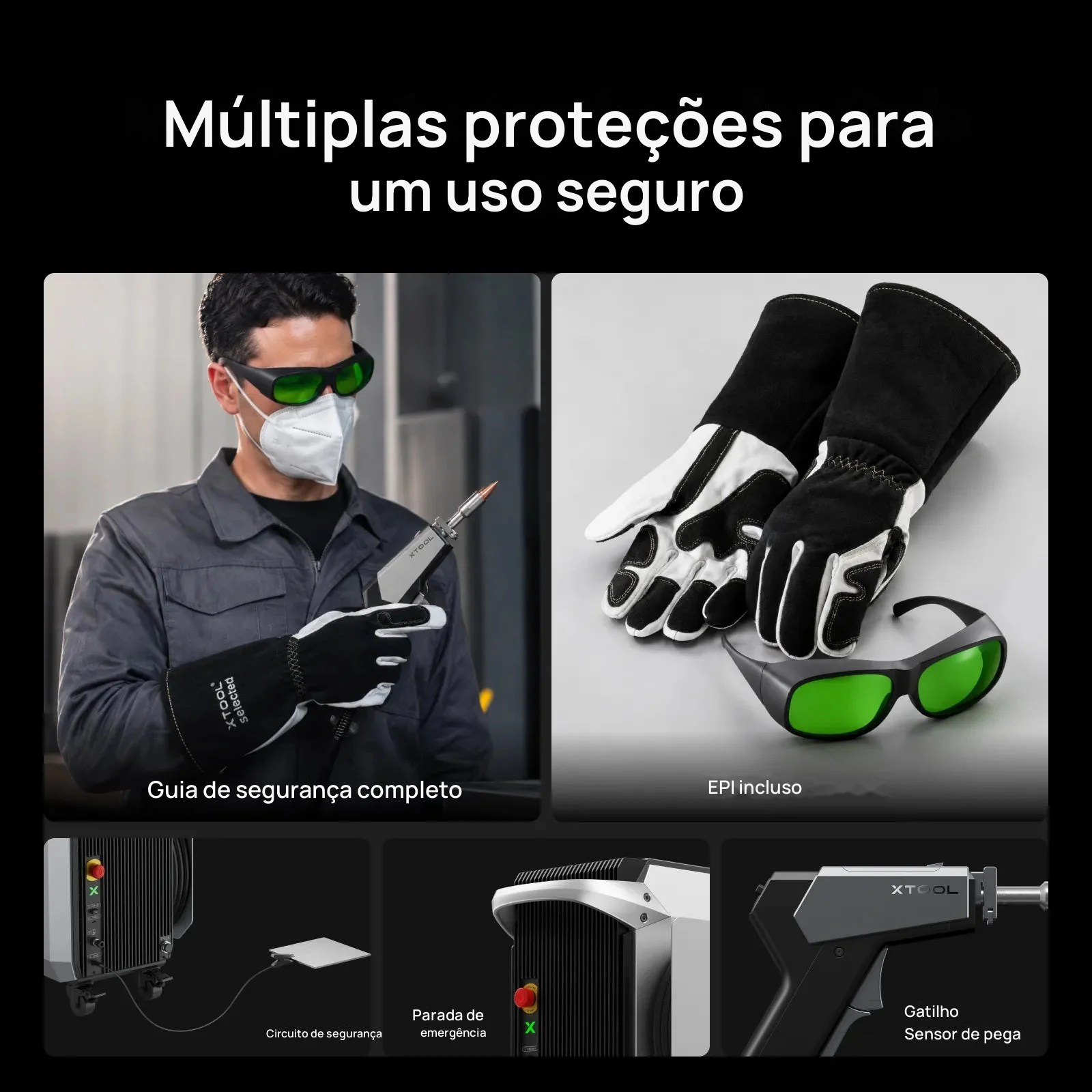 Operador com equipamento de proteção, luvas e óculos, e os dispositivos de segurança da máquina