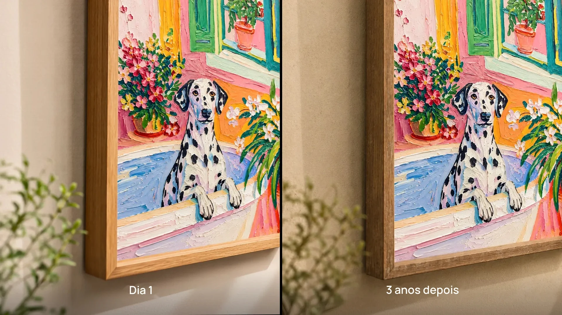 Quadro impresso no dia 1 e três anos depois