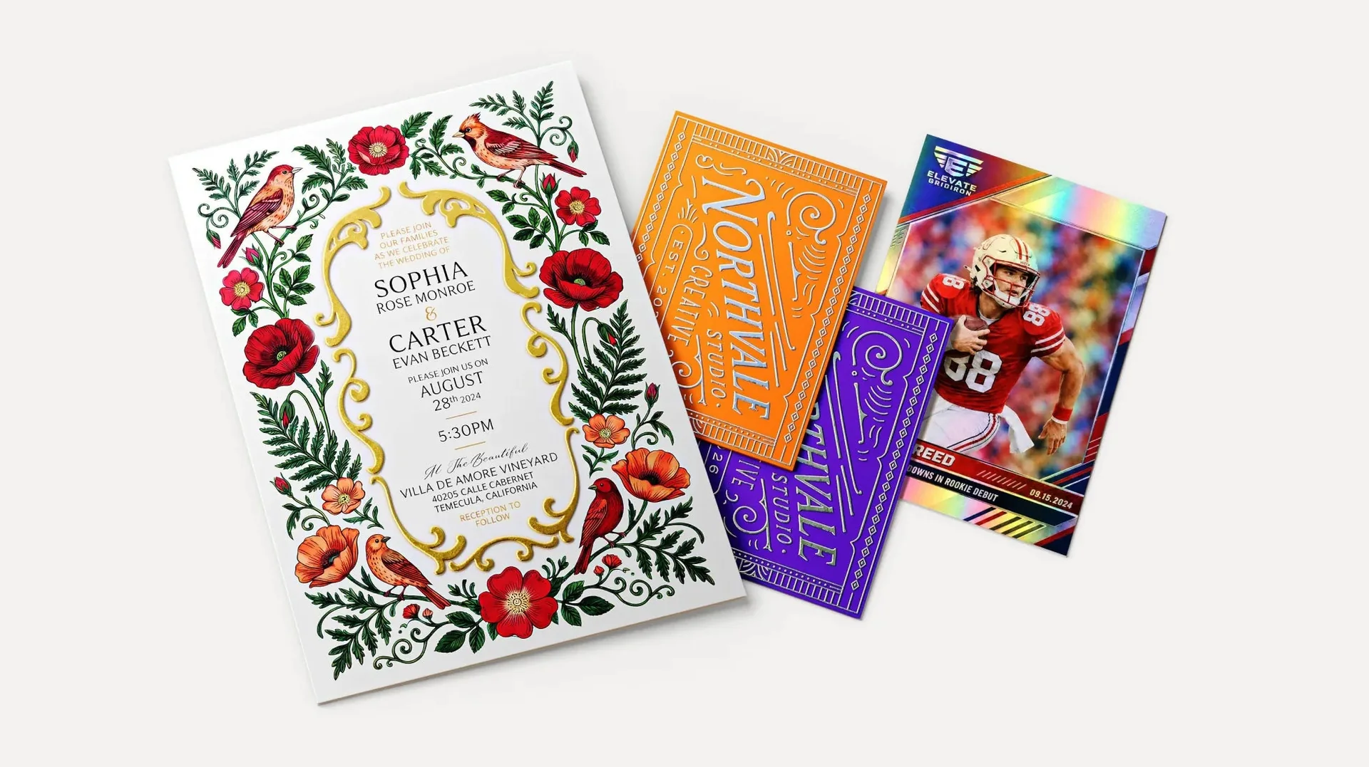 Convites e cartões com relevo, foil e efeito lenticular
