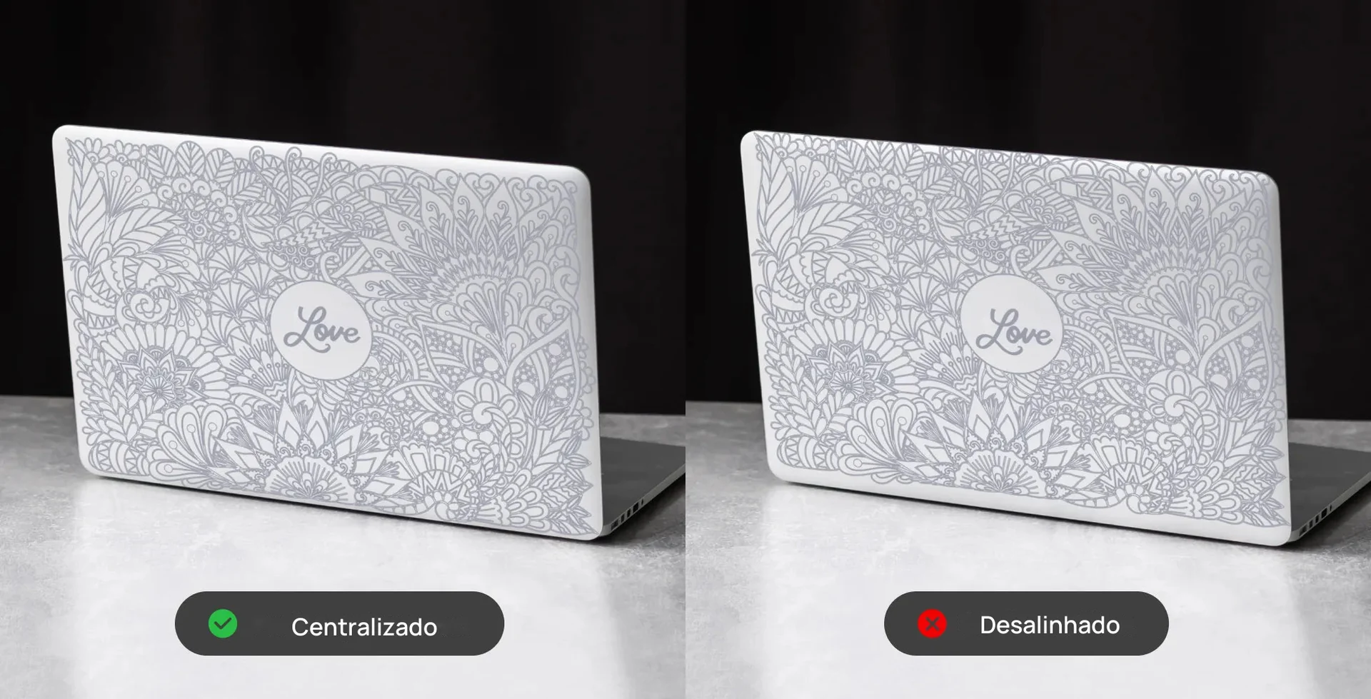 Tampa de notebook gravada: centralizada com a S1 e desalinhada em outra máquina