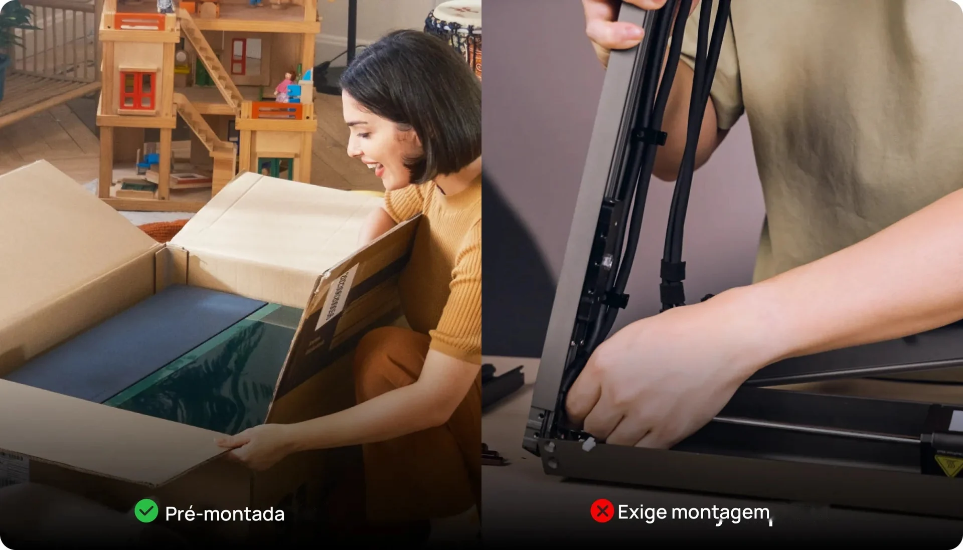 S1 pré-montada saindo da caixa, comparada a uma máquina que exige montagem